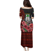 Equatorial Guinea Elephant Family Matching Puletasi and Hawaiian Shirt with Hibiscus Flowers and Tribal Patterns