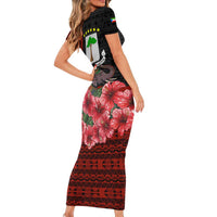 Equatorial Guinea Elephant Family Matching Short Sleeve Bodycon Dress and Hawaiian Shirt with Hibiscus Flowers and Tribal Patterns