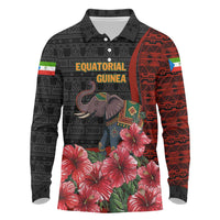 Equatorial Guinea Elephant Long Sleeve Polo Shirt with Hibiscus Flowers and Tribal Patterns