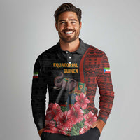 Equatorial Guinea Elephant Long Sleeve Polo Shirt with Hibiscus Flowers and Tribal Patterns