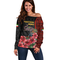Equatorial Guinea Elephant Off Shoulder Sweater with Hibiscus Flowers and Tribal Patterns