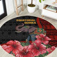 Equatorial Guinea Elephant Round Carpet with Hibiscus Flowers and Tribal Patterns