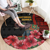 Equatorial Guinea Elephant Round Carpet with Hibiscus Flowers and Tribal Patterns