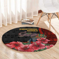 Equatorial Guinea Elephant Round Carpet with Hibiscus Flowers and Tribal Patterns