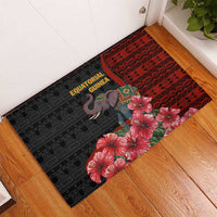 Equatorial Guinea Elephant Rubber Doormat with Hibiscus Flowers and Tribal Patterns