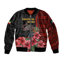 Equatorial Guinea Elephant Sleeve Zip Bomber Jacket with Hibiscus Flowers and Tribal Patterns