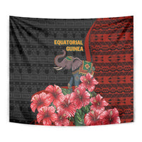 Equatorial Guinea Elephant Tapestry with Hibiscus Flowers and Tribal Patterns