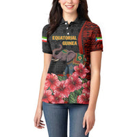 Equatorial Guinea Elephant Women Polo Shirt with Hibiscus Flowers and Tribal Patterns