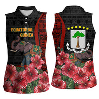 Equatorial Guinea Elephant Women Sleeveless Polo Shirt with Hibiscus Flowers and Tribal Patterns