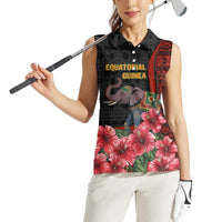 Equatorial Guinea Elephant Women Sleeveless Polo Shirt with Hibiscus Flowers and Tribal Patterns