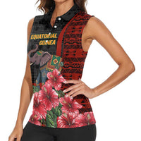Equatorial Guinea Elephant Women Sleeveless Polo Shirt with Hibiscus Flowers and Tribal Patterns