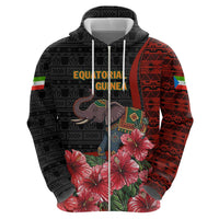 Equatorial Guinea Elephant Zip Hoodie with Hibiscus Flowers and Tribal Patterns