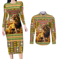 Equatorial Guinea Couples Matching Long Sleeve Bodycon Dress and Long Sleeve Button Shirt with Lion Print and Traditional African Kente Patterns