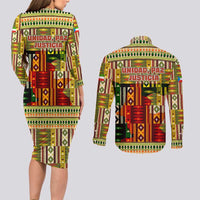 Equatorial Guinea Couples Matching Long Sleeve Bodycon Dress and Long Sleeve Button Shirt with Lion Print and Traditional African Kente Patterns
