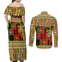 Equatorial Guinea Couples Matching Off Shoulder Maxi Dress and Long Sleeve Button Shirt with Lion Print and Traditional African Kente Patterns