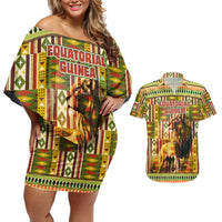Equatorial Guinea Couples Matching Off Shoulder Short Dress and Hawaiian Shirt with Lion Print and Traditional African Kente Patterns