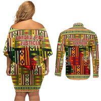 Equatorial Guinea Couples Matching Off Shoulder Short Dress and Long Sleeve Button Shirt with Lion Print and Traditional African Kente Patterns