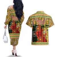 Equatorial Guinea Couples Matching Off The Shoulder Long Sleeve Dress and Hawaiian Shirt with Lion Print and Traditional African Kente Patterns