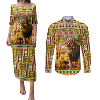 Equatorial Guinea Couples Matching Puletasi and Long Sleeve Button Shirt with Lion Print and Traditional African Kente Patterns