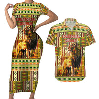 Equatorial Guinea Couples Matching Short Sleeve Bodycon Dress and Hawaiian Shirt with Lion Print and Traditional African Kente Patterns