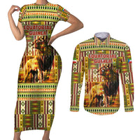 Equatorial Guinea Couples Matching Short Sleeve Bodycon Dress and Long Sleeve Button Shirt with Lion Print and Traditional African Kente Patterns