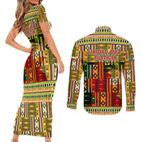 Equatorial Guinea Couples Matching Short Sleeve Bodycon Dress and Long Sleeve Button Shirt with Lion Print and Traditional African Kente Patterns