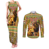 Equatorial Guinea Couples Matching Tank Maxi Dress and Long Sleeve Button Shirt with Lion Print and Traditional African Kente Patterns