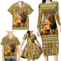 Equatorial Guinea Family Matching Long Sleeve Bodycon Dress and Hawaiian Shirt with Lion Print and Traditional African Kente Patterns