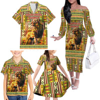Equatorial Guinea Family Matching Off The Shoulder Long Sleeve Dress and Hawaiian Shirt with Lion Print and Traditional African Kente Patterns