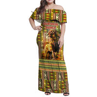 Equatorial Guinea Family Matching Off Shoulder Maxi Dress and Hawaiian Shirt with Lion Print and Traditional African Kente Patterns