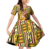 Equatorial Guinea Family Matching Off Shoulder Short Dress and Hawaiian Shirt with Lion Print and Traditional African Kente Patterns
