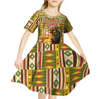 Equatorial Guinea Kid Short Sleeve Dress with Lion Print and Traditional African Kente Patterns