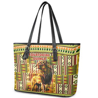 Equatorial Guinea Leather Tote Bag with Lion Print and Traditional African Kente Patterns
