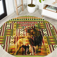 Equatorial Guinea Round Carpet with Lion Print and Traditional African Kente Patterns