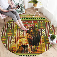 Equatorial Guinea Round Carpet with Lion Print and Traditional African Kente Patterns