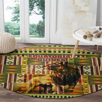 Equatorial Guinea Round Carpet with Lion Print and Traditional African Kente Patterns