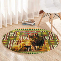 Equatorial Guinea Round Carpet with Lion Print and Traditional African Kente Patterns