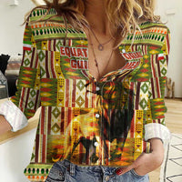 Equatorial Guinea Women Casual Shirt with Lion Print and Traditional African Kente Patterns