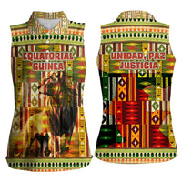 Equatorial Guinea Women Sleeveless Polo Shirt with Lion Print and Traditional African Kente Patterns