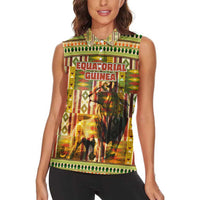 Equatorial Guinea Women Sleeveless Polo Shirt with Lion Print and Traditional African Kente Patterns