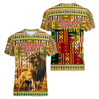 Equatorial Guinea Women V-Neck T-Shirt with Lion Print and Traditional African Kente Patterns