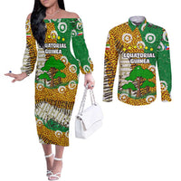 Equatorial Guinea Baobab Tree Couples Matching Off The Shoulder Long Sleeve Dress and Long Sleeve Button Shirt with Tribal Patterns and Heritage Quote
