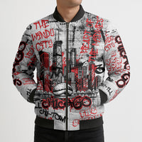 Personalized Chicago City Skyline Bomber Puffer Jacket Urban Graffiti - Cloud Gate - Windy City Typography