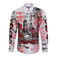 Personalized Chicago City Skyline Long Sleeve Button Shirt Urban Graffiti - Cloud Gate - Windy City Typography