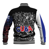 Cuba Flag Baseball Jacket Black with Red White Blue Patriotic Graphics and Cultural Doodle Design - Wonder Print Shop