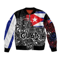 Cuba Flag Bomber Jacket Black with Red White Blue Patriotic Graphics and Cultural Doodle Design - Wonder Print Shop