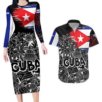 Cuba Flag Couples Matching Long Sleeve Bodycon Dress and Hawaiian Shirt Black with Red White Blue Patriotic Graphics and Cultural Doodle Design - Wonder Print Shop