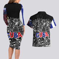 Cuba Flag Couples Matching Long Sleeve Bodycon Dress and Hawaiian Shirt Black with Red White Blue Patriotic Graphics and Cultural Doodle Design - Wonder Print Shop