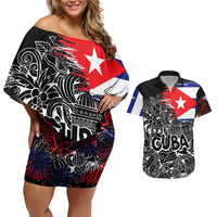 Cuba Flag Couples Matching Off Shoulder Short Dress and Hawaiian Shirt Black with Red White Blue Patriotic Graphics and Cultural Doodle Design - Wonder Print Shop