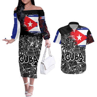 Cuba Flag Couples Matching Off The Shoulder Long Sleeve Dress and Hawaiian Shirt Black with Red White Blue Patriotic Graphics and Cultural Doodle Design - Wonder Print Shop